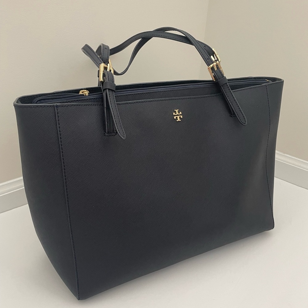 Tory Burch Navy Leather Tote with Gold Hardware